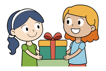 Sharing Gift: A scene depicts two children exchanging a wrapped present. With joyful expressions, they embody the spirit of friendship and the delight of giving and receiving.