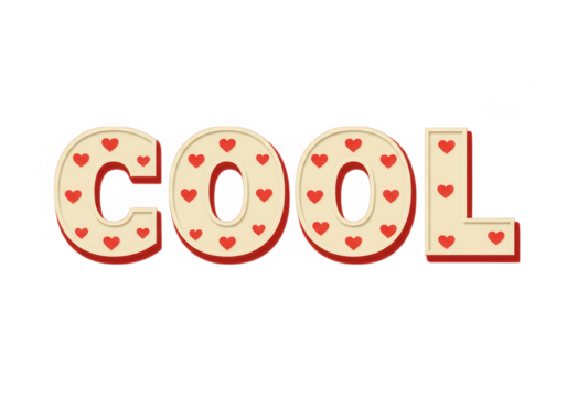 The word cool is decorated with red hearts and isolated on transparent background