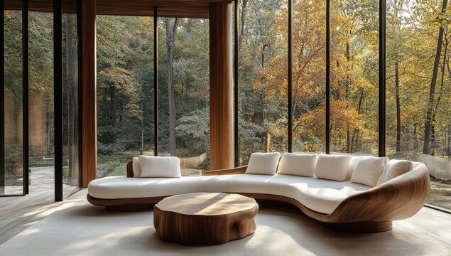 Modern curved sectional sofa, wooden coffee table, living room with forest view