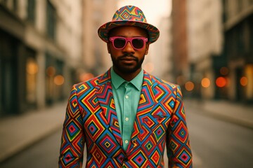 Hombre con sombrero y chaqueta colorida de patrones geométricos posando con gafas de sol en calle urbana, concepto de moda creativa y estilo individual