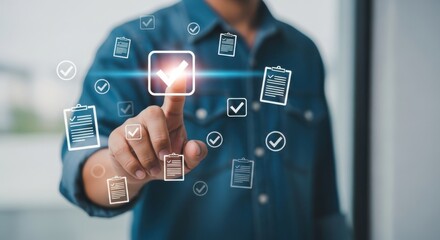 Man s finger touching a digital interface with checkmarks and clipboard icons representing tasks and completion