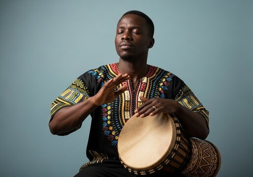 Hombre tocando tambor africano con los ojos cerrados y vestimenta tradicional, concepto de m&uacute;sica cultural, conexi&oacute;n espiritual y expresi&oacute;n art&iacute;stica