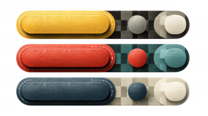 A set of three retro style buttons with different colors and textures isolated on transparent background