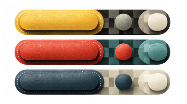 A set of three retro style buttons with different colors and textures isolated on transparent background - Powered by Adobe