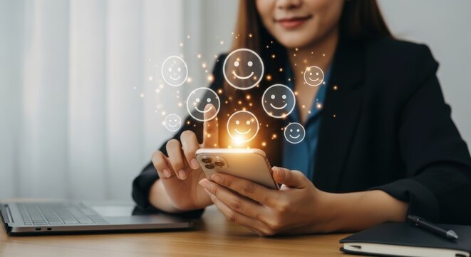 Woman using smartphone with glowing happy emojis and sparkles symbolizing customer satisfaction