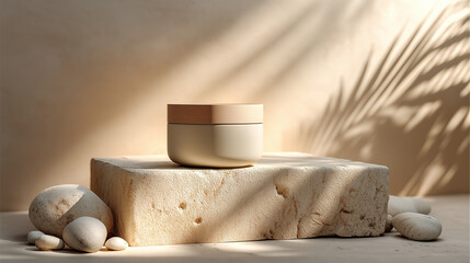 Matte Ceramic Spa Jar on Sculpted Stone Block with Backlit Glow and Clean Shadows – Minimalist Skincare or Wellness Product Scene