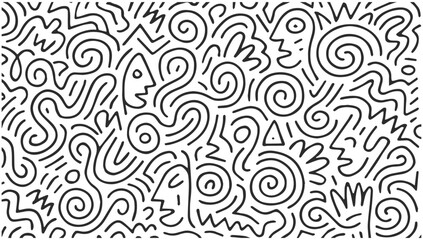 Abstract black line doodle pattern with faces and spirals on white background, isolated on transparent background, generative ai