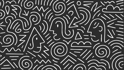 Abstract white line doodle pattern with faces and clouds on black background, generative ai