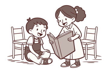 Story Time with Siblings: A heartwarming illustration of a young girl sharing a book with her younger brother, fostering a bond of love and learning in a cozy setting. 