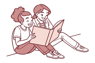 Sharing Stories: A joyful illustration captures the essence of bonding and literacy as two friends sit together and enjoy reading a book together