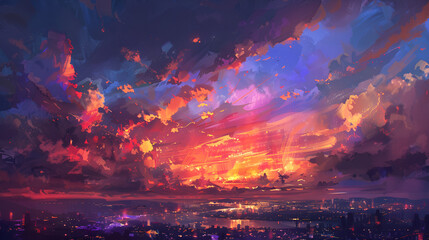 Obraz premium Artistic rendering of a vibrant sunset over a cityscape with colorful clouds and glowing horizon line