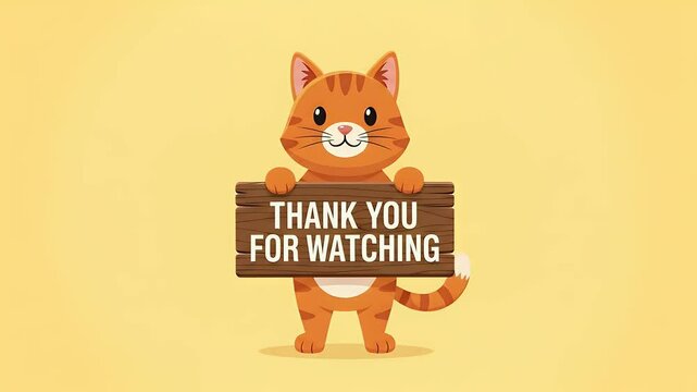 Cute cartoon orange cat holding thank you for watching signboard on pastel background