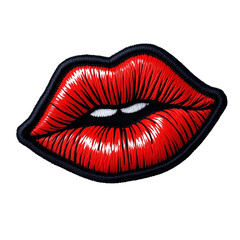 Embroidered Red Lips Patch on Black Background Close up