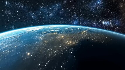 Stunning view of Earth from space showcasing city lights at night with a starry background - Powered by Adobe