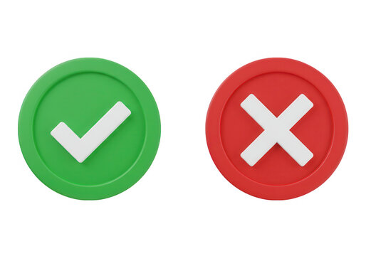 A green check mark and a red cross, isolated on transparent background, representing approval and disapproval in 3d