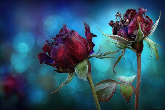 Two withered roses against a vibrant teal and indigo bokeh background