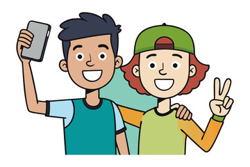 Digital Harmony: Two friends, united by a moment, capture a vibrant self-portrait, a vivid illustration of modern connection, joy and camaraderie.