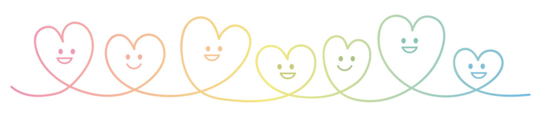 繋がる7つのカラフルグラデーションの線画ハートに笑顔