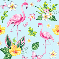 Tropical seamless pattern with watercolor hibiscus flowers, flamingos, and coconuts. Perfect for summer designs, textiles, packaging, beach-themed projects, and creative prints