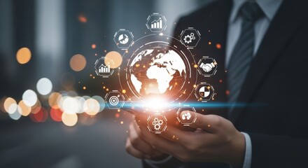 Businessman holding a smartphone displaying a global network of business icons and data analytics