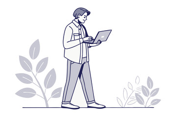 Focused Work and Stroll: A dedicated individual, engrossed in their work, strides confidently through a space, with a focused expression.