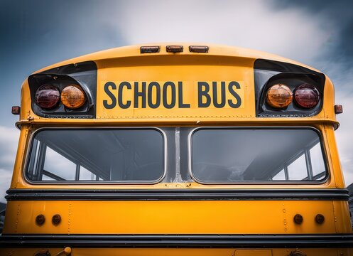 yellow school bus back view with filmmaker on roof - Powered by Adobe