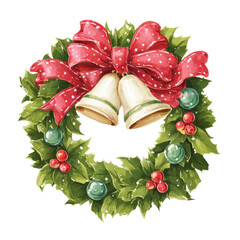 Festive Christmas Wreath with Bells, Red Ribbon, and Greenery