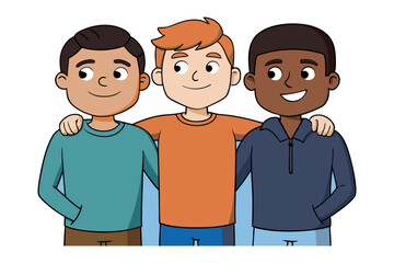 United Friendship: Three diverse male figures standing shoulder to shoulder, illustrating the bonds of friendship, loyalty, and connection through this heart-warming illustration.