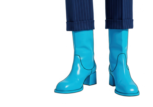 A pair of stylish blue leather boots with pinstripe pants are showcased, isolated on transparent background