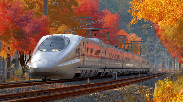 秋の紅葉に染まる風景を駆け抜ける特急電車と線路の旅行_旅の景色写真