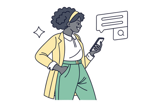 Digital Dialogue: An illustration of a smiling woman with a smartphone, embodying the ease and efficiency of modern communication and information retrieval.
