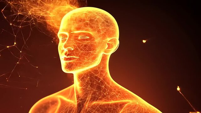 Glowing human silhouette with intricate energy patterns, symbolizing creativity and innovation