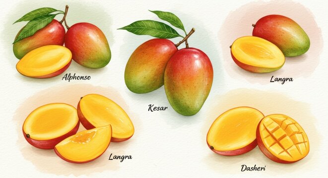 Exotic Mango Varieties Showcase: A vibrant, detailed illustration showcasing an array of exotic mangoes, each variety with its distinct hue, shape, and inviting taste