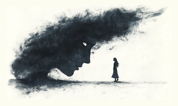 A girl walking towards a dark cloud in the form of a face symbolizing depression. Watercolor style illustration isolated on white background