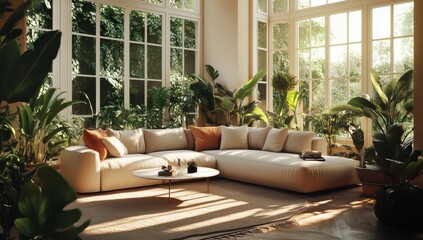 Sunlit conservatory living room with plants