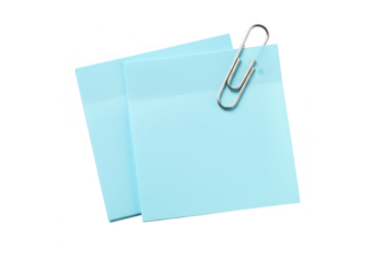 Two blue sticky notes with a paper clip isolated on transparent background