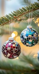 Two mosaic Christmas ornaments hanging from a branch