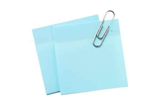 Two blue sticky notes with a paper clip isolated on transparent background