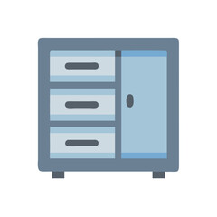 Blue storage cabinet with drawers and door on black