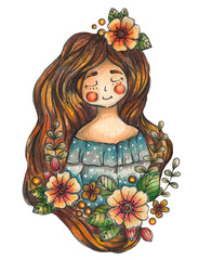 Illustration of a girl holding some flowers