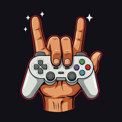Rock on gaming hand holding gamepad controller vector illustration on black © Md Faysal Ahmed
