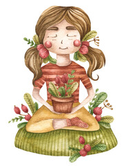 Illustration of a girl holding a flower pot