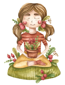 Illustration of a girl holding a flower pot