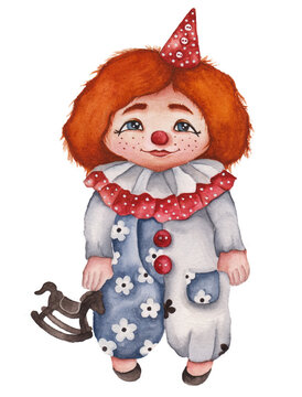 Illustration of a clown holding a wooden horse