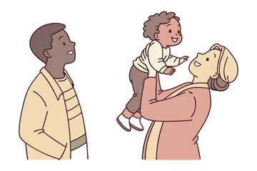 Family Moments: A joyous illustration depicts a mother and child sharing a loving moment, with the child lifted in the air, exuding happiness and affection. The father looks on adoringly.