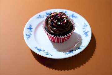 Chocolate Cupcake with Sprinkles on Decorative Plate | Delicious Dessert Food Photography | Sweet Treat Image