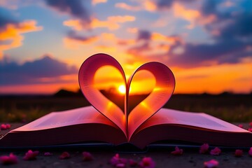 Romantic Book Heart Sunset: Love Story, Open Book Pages Forming Heart Shape, Golden Hour Sky, Beautiful Valentine's Day Image