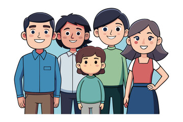 Family Portrait: A heartwarming illustration of a diverse family united in a pose, depicting familial love and connection in a cheerful style.