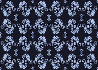 Damask pattern. Vintage wallpaper in the Baroque style. Seamless vector dark blue background. Light blue ornament for print, Leaf repeating on wallpaper, packaging.Ornate Damask. Flower ornament