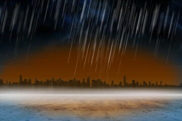 Meteor shower is streaking in flat design over barren plain starry night sky, with city silhouette